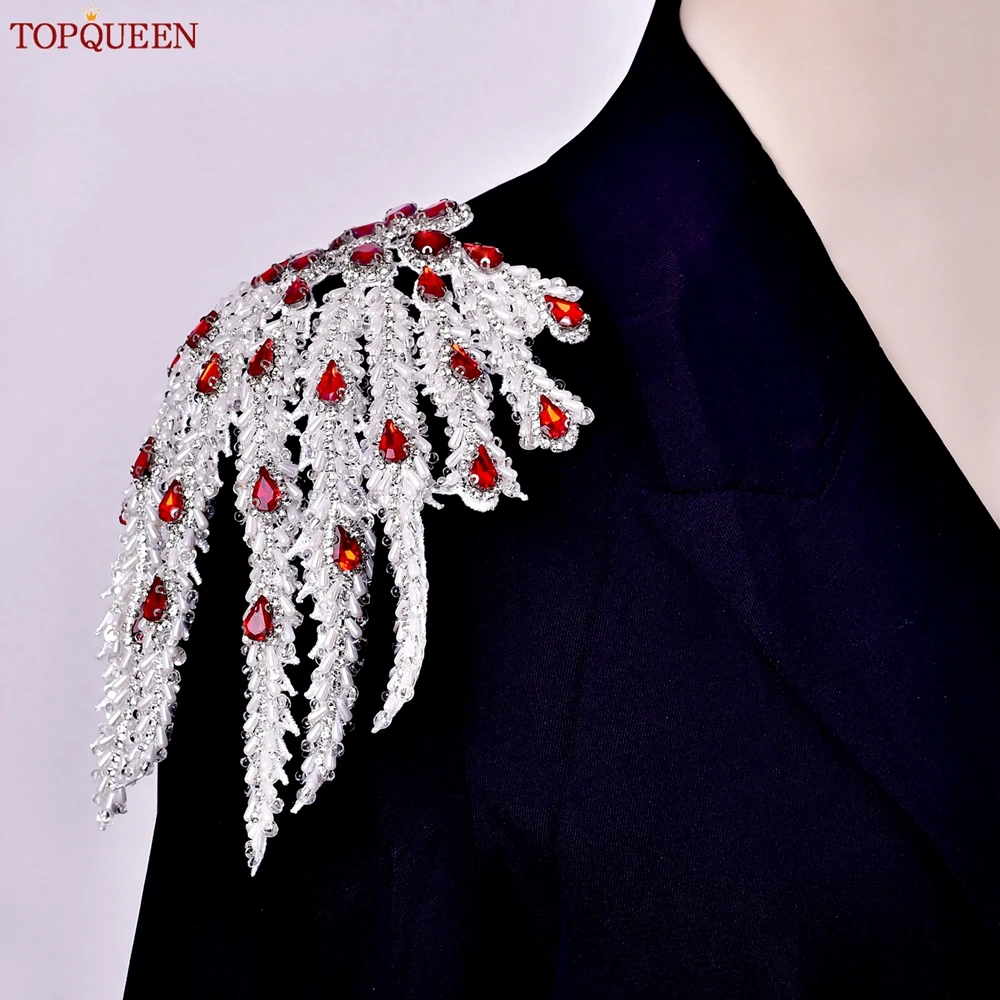 TOPQUEEN 손으로 꿰매는 파란색 술 아플리케, 빨간색 라인 석 정장 어깨 장식 패치, 철 또는 의상 드레스 SP66에 바느질