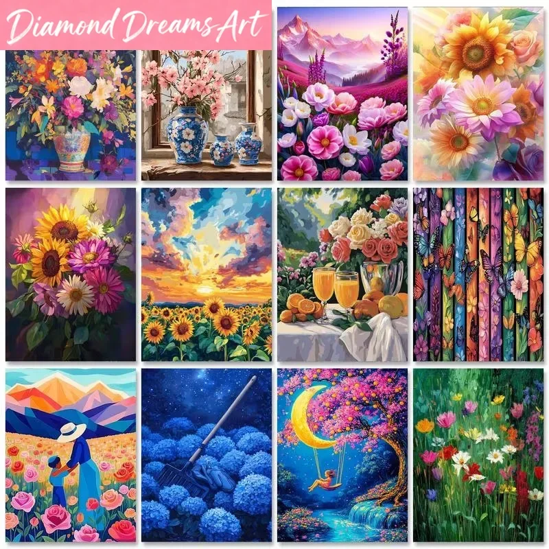 Frameless,Diamond Painting Mountain Flowers  Landscape Diamond Mosaic Handmade Art Exquisite Creative Gift Home Decoration
