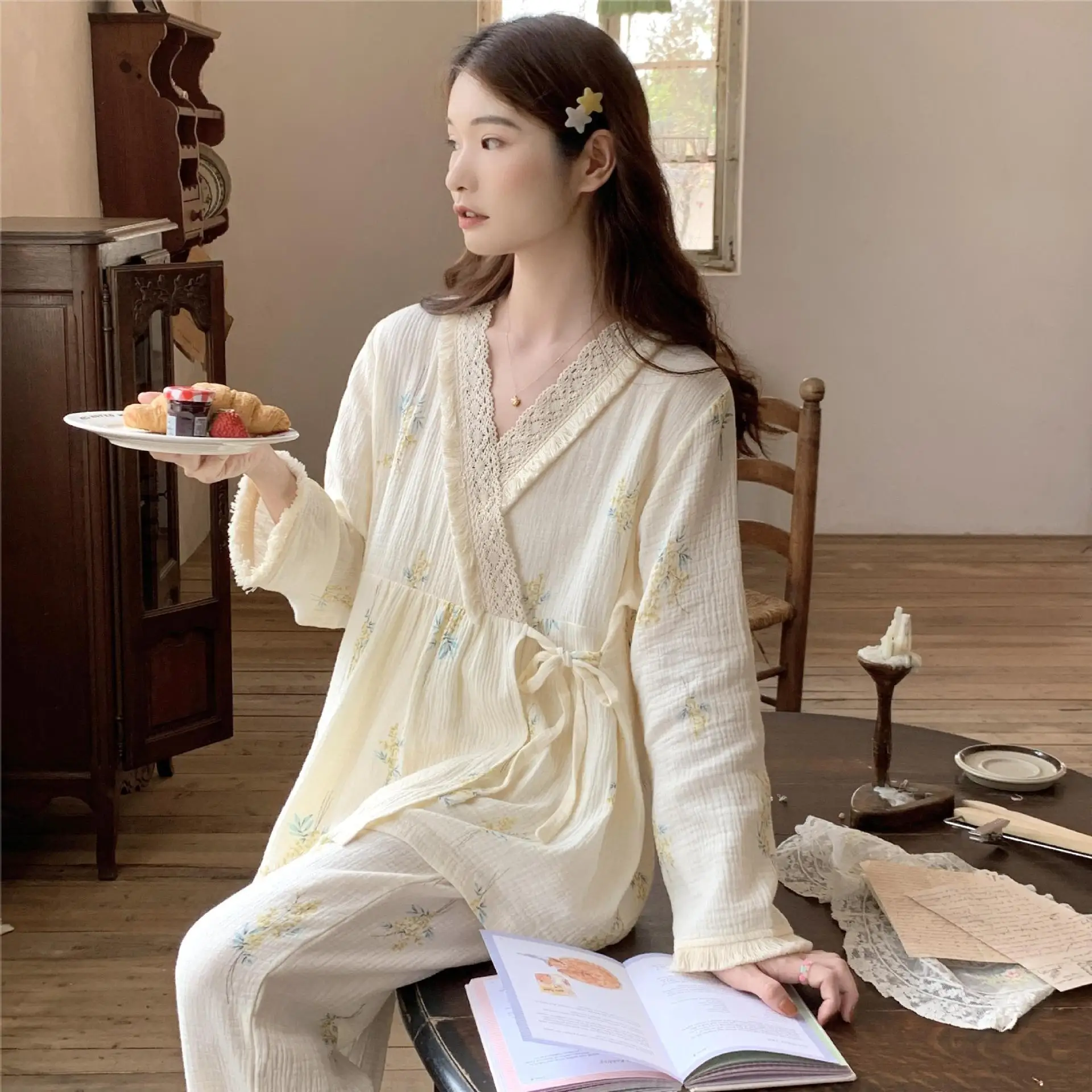 

Fashion Maternity Nightwear Gauze Pregnant Sleepwear Breastfeeding Suit cotton Women Nursing Pyjamas Set