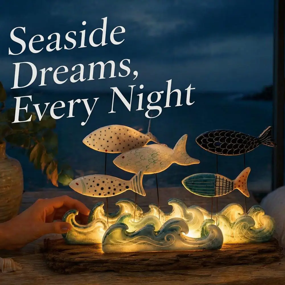 Handcrafted Wood Centerpiece, Lighted Coastal Fish Decor, Nautical Ocean Fish Sculpture Creates A Cozy Coastal