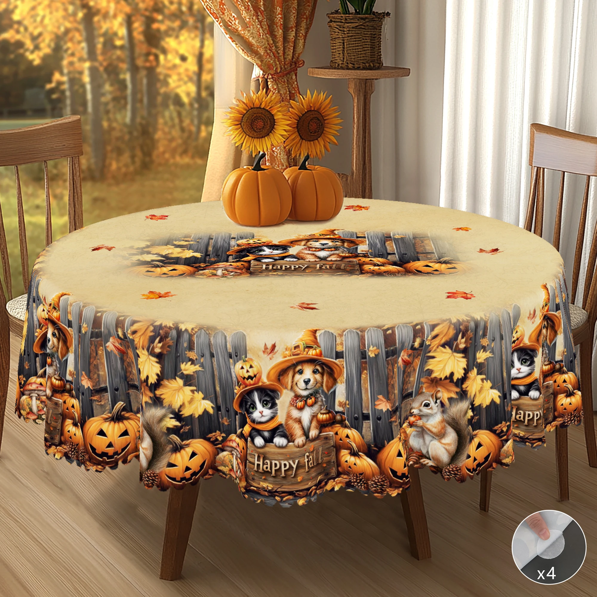 1 Piece of Autum Thanksgiving Themed Printed Tablecloth, Retro Country Farmhouse Style, Puppy, Kitten, Pumpkin Pattern Design, for Holiday Parties, Camping Picnic, Garden Birthday Party Decoration, Kitchen Accessories, Dining Room Terrace, Indoor and Outdoor Tablecloth, Perfect Gift for Friends, Round and Rectangular Tablecloth + 4Pcs Self-Adhesive, Multiple Sizes Available