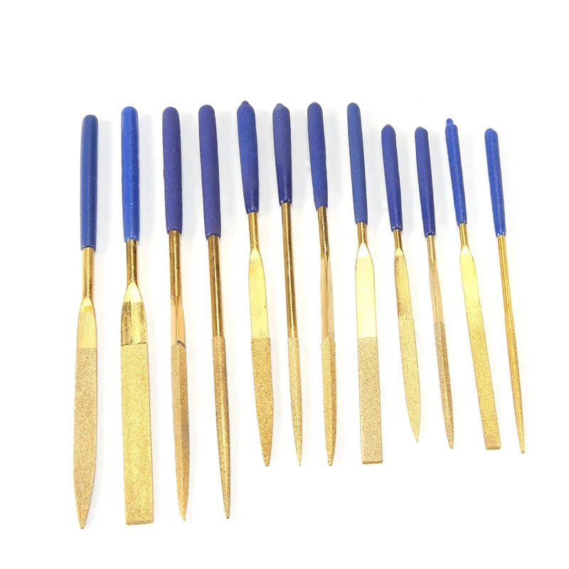 12Pcs Titanium Coated Diamond Files Set Soft Rubber Handles Variety Shapes Diamond Needle Files for Metal Glass Ceramics