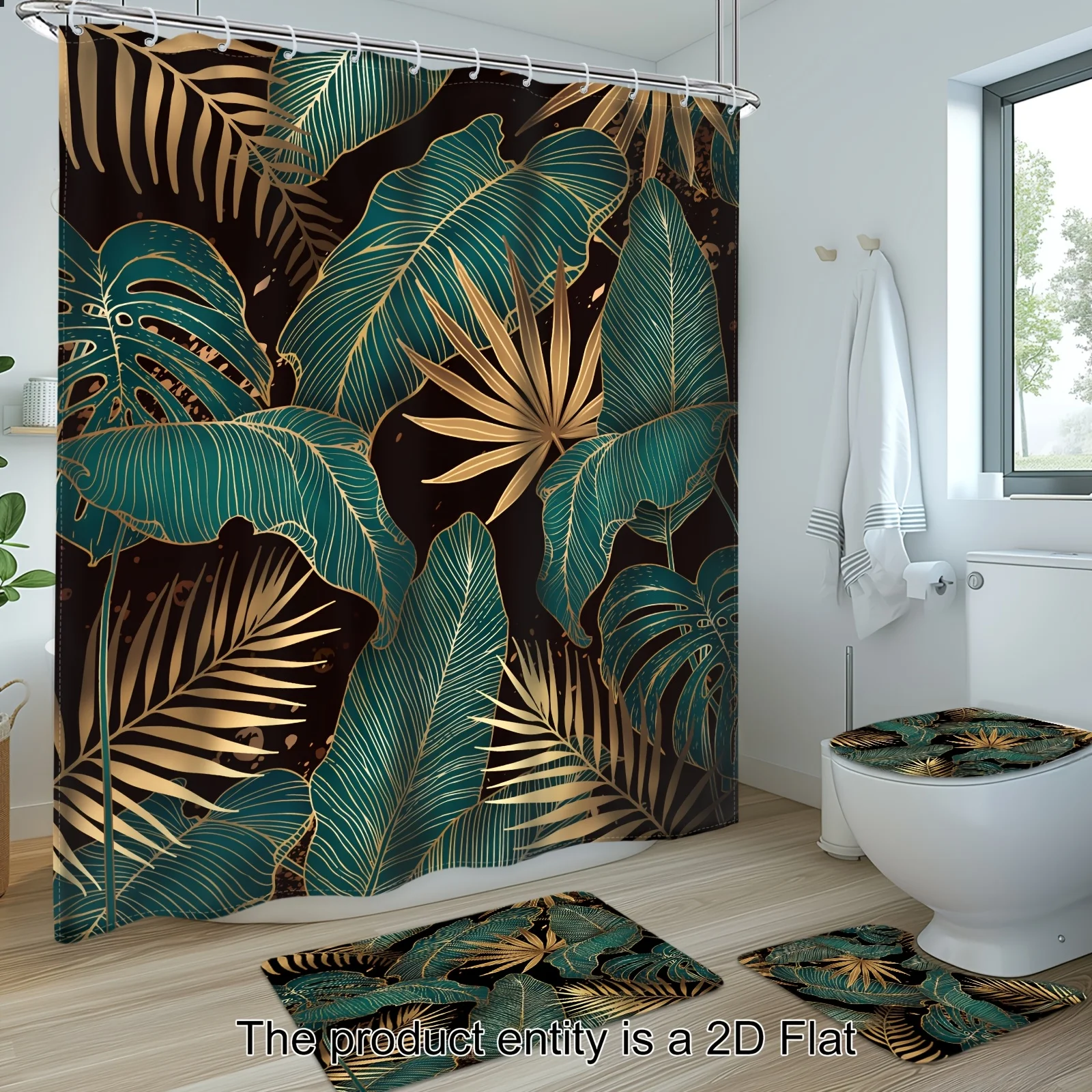 

1/4 шт. - Набор штор для душа с абстрактным принтом пальмовых листьев, изумрудно-зеленый, черный, золотой, современный, с гавайским растительным узором, 12 предметов
