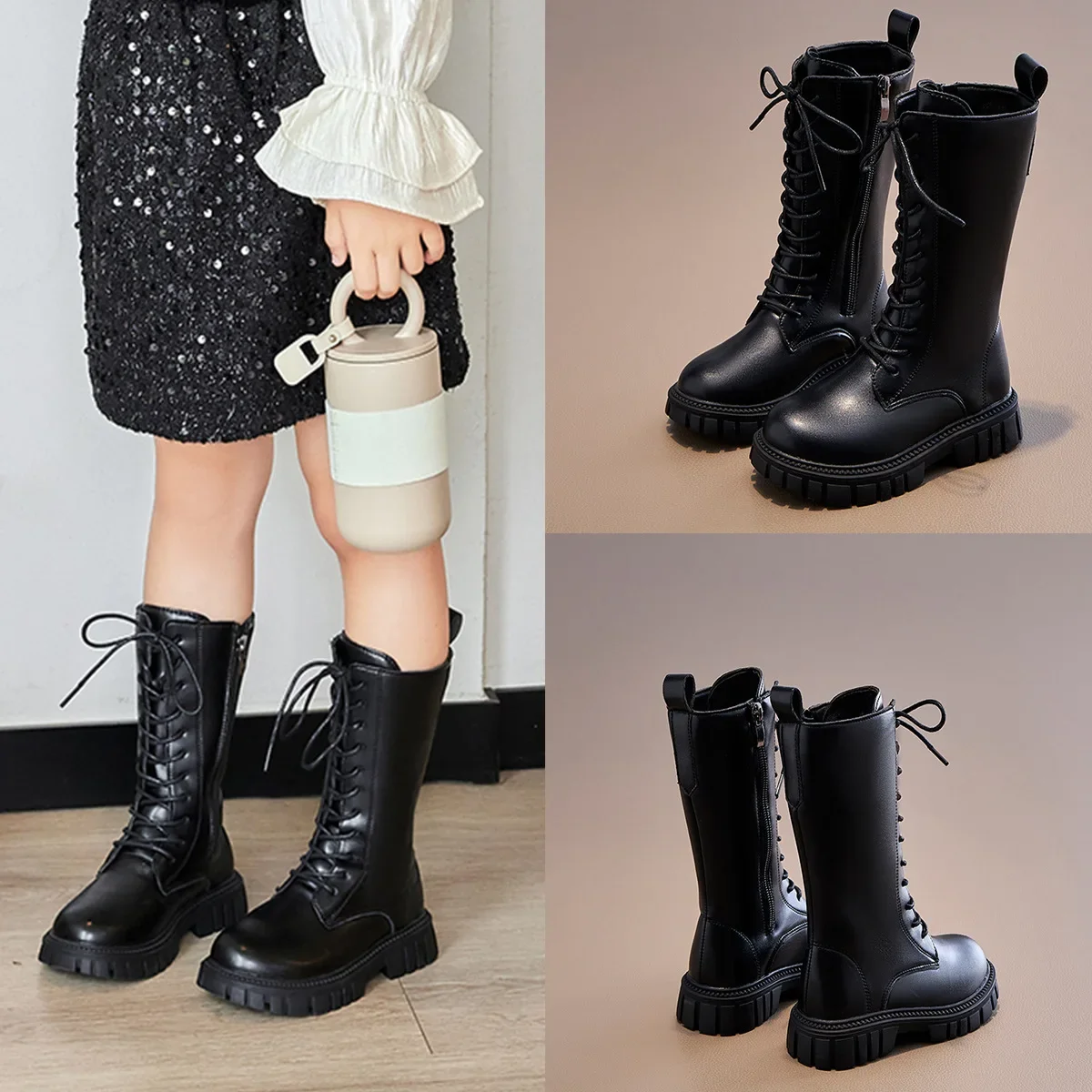 Girls Shoes Children\'s Mid-calf Boots Fashion Black Kids Knight Boots Autumn Winter Four Season Side Zipper Princess High Boots