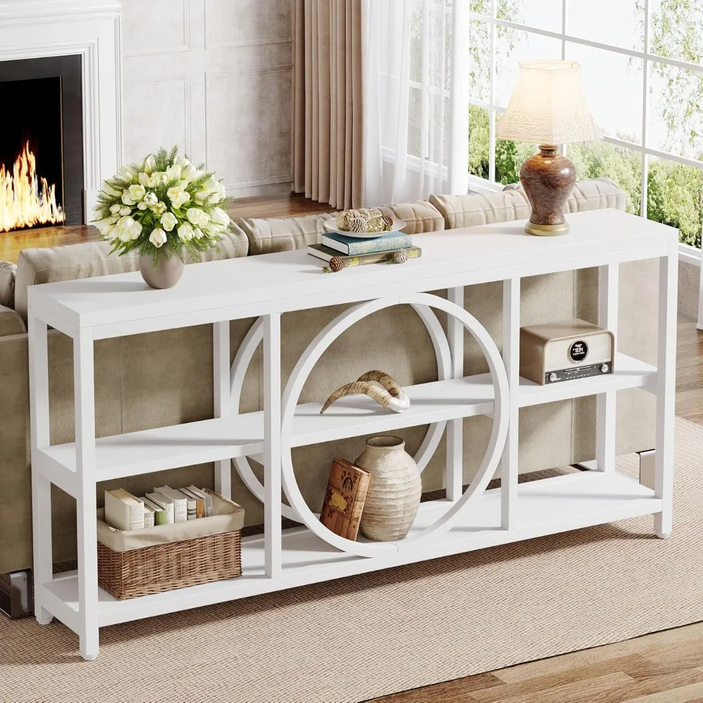 طاولة كونسول طويلة جدًا مقاس 70.9 بوصة للمدخل، وطاولة أريكة خلف الأريكة مع أرفف تخزين خشبية من 3 طبقات