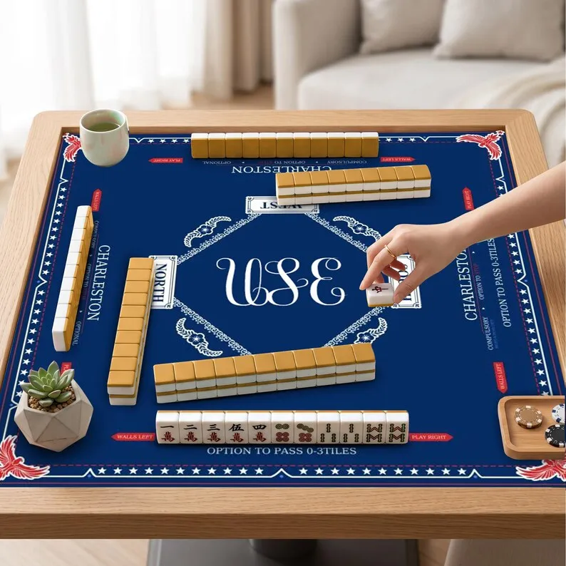 VIKAMA Navy Four Direction Marked Mahjong Mat Non Slip Noise Dampening Square Pad Washable For American Mahjong Charleston Play