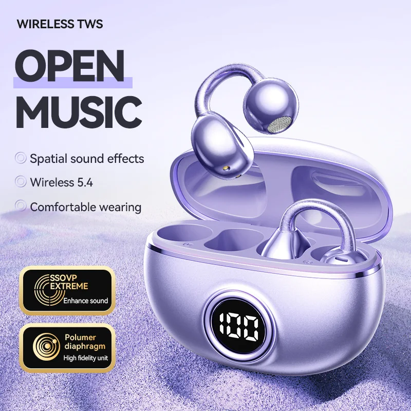 Sport Headset Headphone TWS Wireless Bone Conduction HIFI Bluetooth 5.4 Earbuds Clip On Ear With Mic Digital Display Waterproof