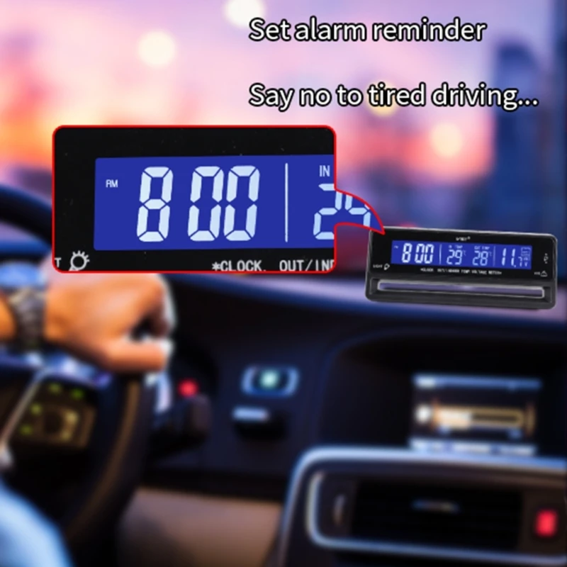 Indoor Outdoor Car Digital Voltmeter Thermometer LED Backlight Alarm Clock Temperature Sensor Tester for Traveling Camping