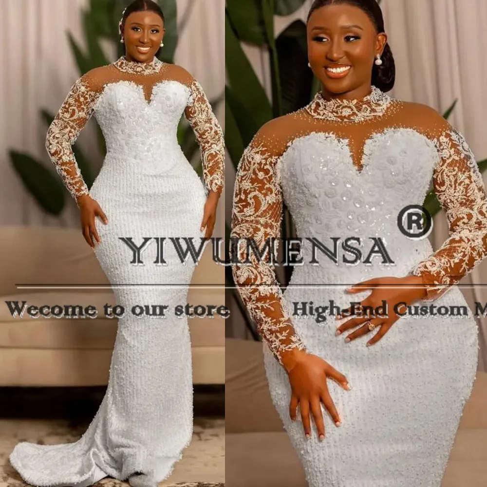 

Sparkly Crystals Beaded Mermaid Wedding Dresses For Bride High Neck Lace Appliques Bridal Gowns Aso Ebi Marry Dress Customized