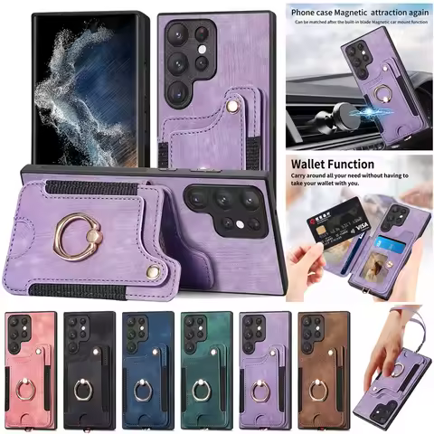 Ring Holder Flip Leather Phone Case for Samsung Galaxy S23 Ultra S22 S21 FE S20 S10 S9 S8 Plus Wallet Card Strap Cover Etui