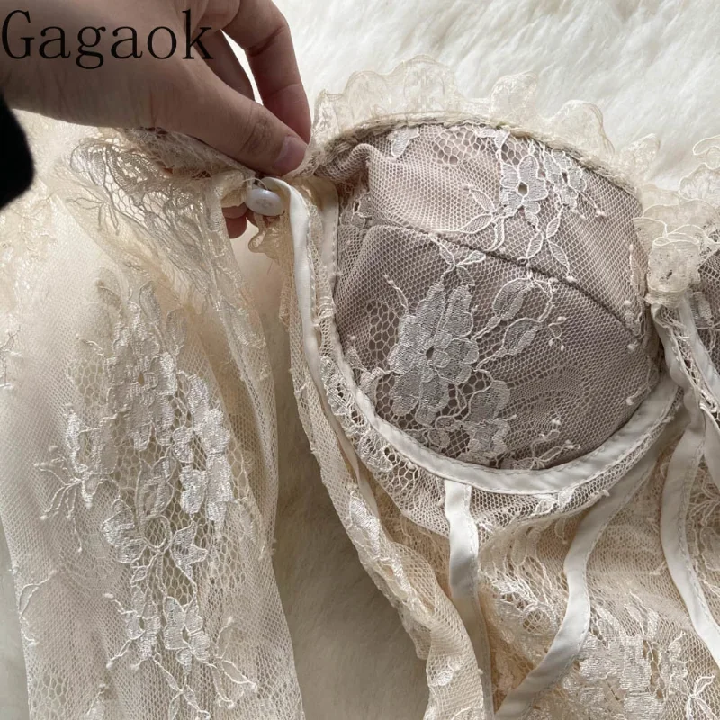 Gagaok Lace Embroidery Sexy Blouse Women Square Neck Long Sleeve Elastic Waist Elegant Lady Fashion Spring Short Tops