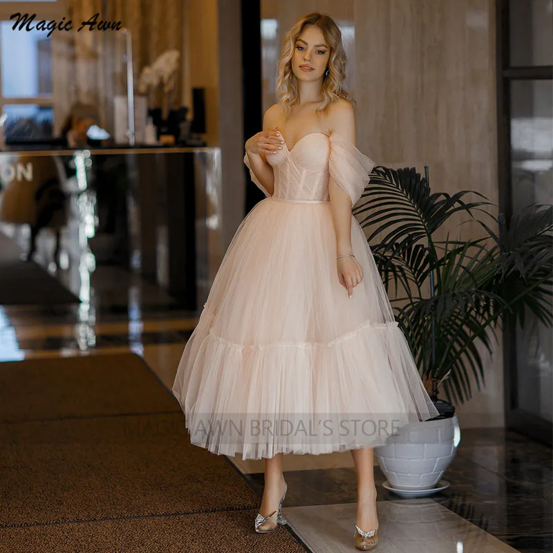 Magic Awn Blush Pink Wedding Dresses Tea-Length Off The Shoulder Tulle Illusion Short Boho Wedding Party Gowns For Women Vestido