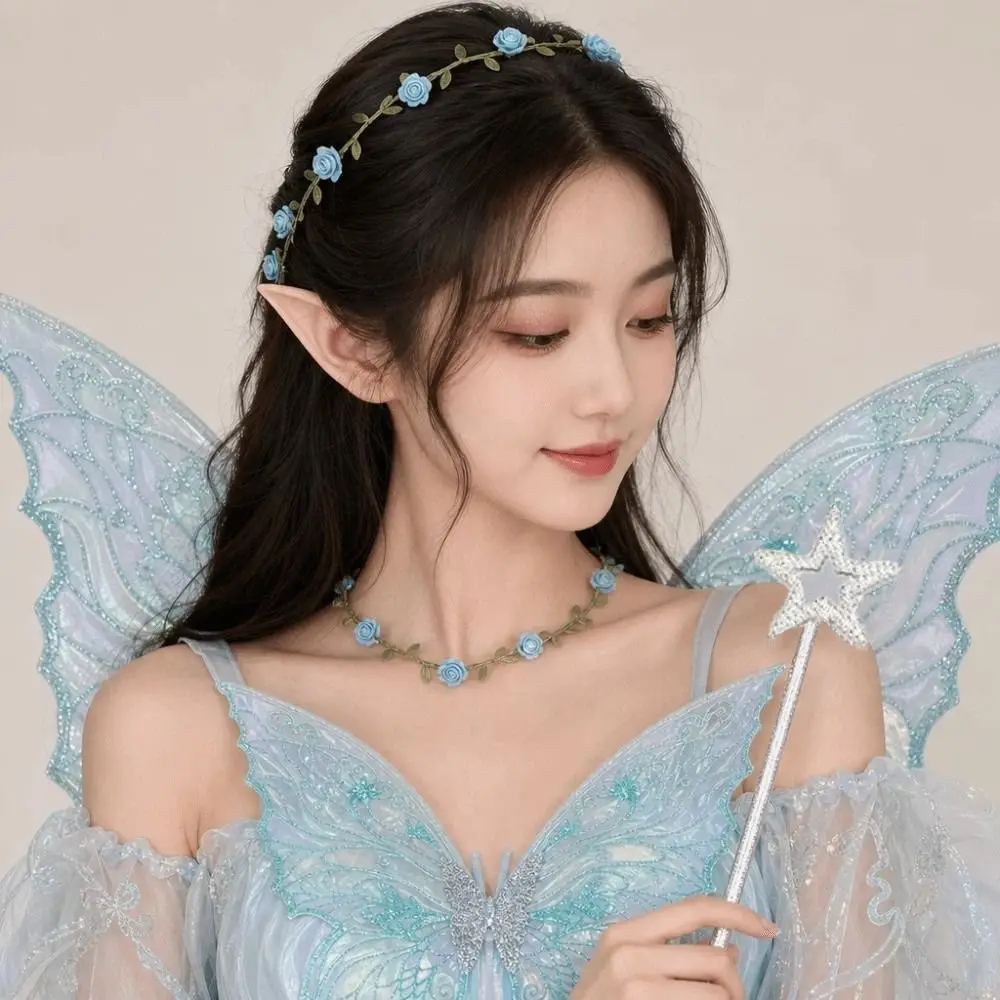 Foldable Wings Wreath Elf Ear Set Wand Sparkling Butterfly Wings Set Flower Crown Fairy Wings Fairy Cosplay Set Halloween
