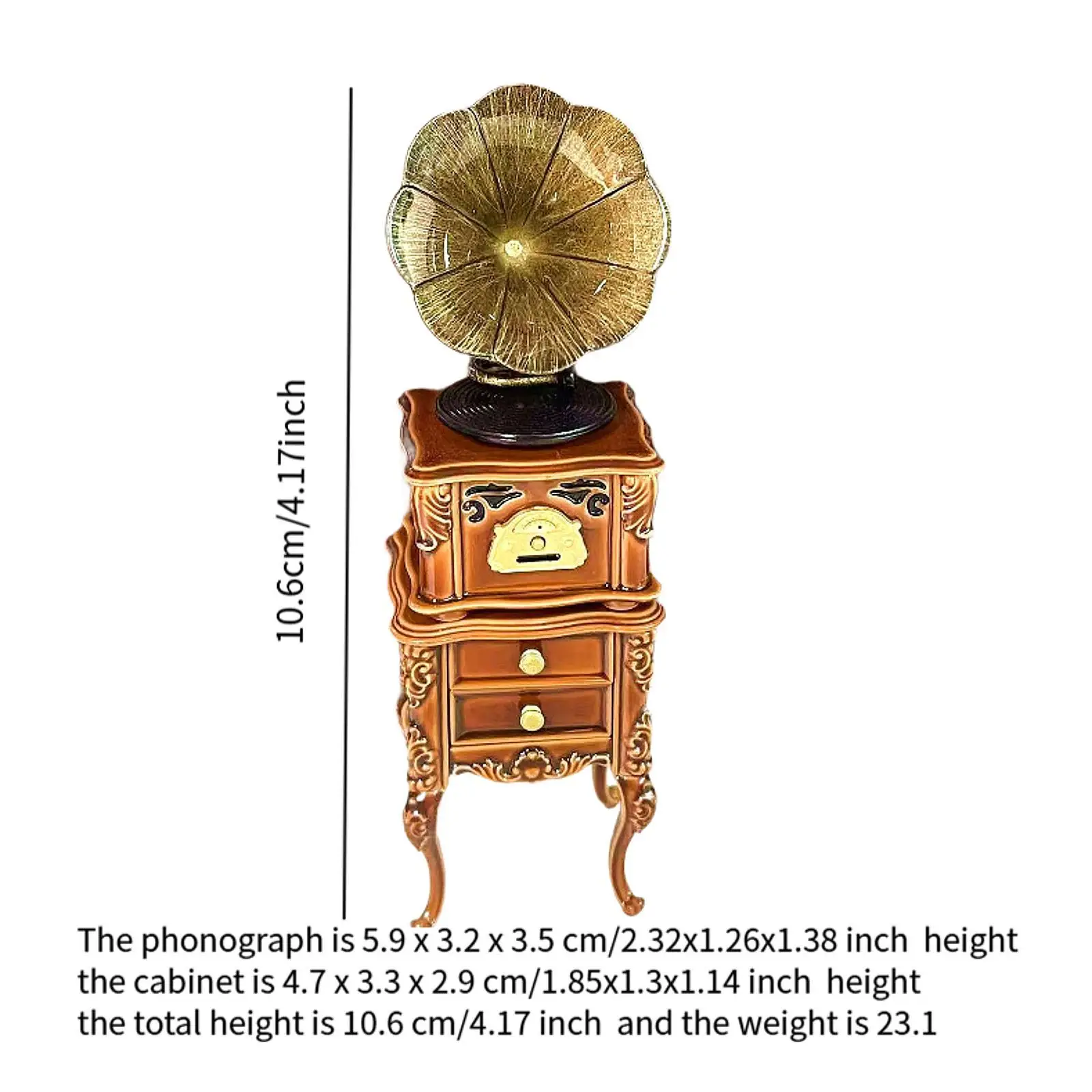 Miniature Gramophone เครื่องเล่น 1:12 Scale พร้อมตู้บ้านตุ๊กตาอุปกรณ์เสริม Vintage ตุ๊กตาเฟอร์นิเจอร์สําหรับ Diorama