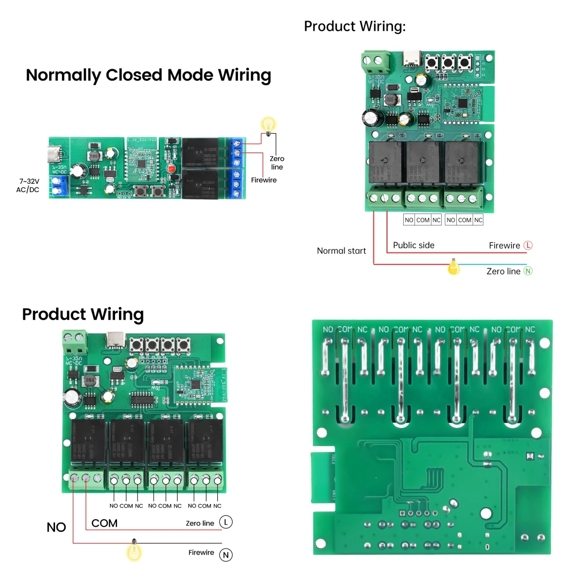 Yiweilian APP smart home switch, DC/AC7-32V Type-C 5V, 2/3/4 Bluetooth WIFI relay switch module Type-C interface 2200W/10A