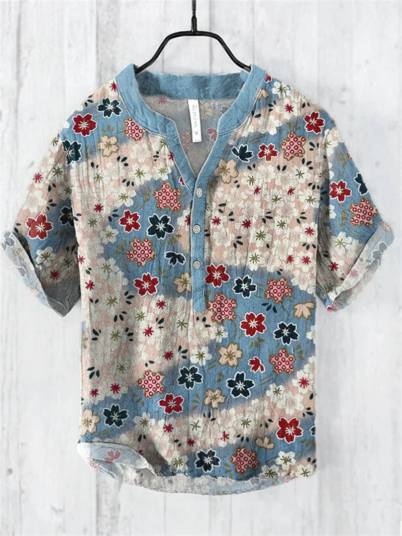 Men's Shirt Linen V-Neck Men's Casual Short-Sleeved Shirt Fashionable New Street Outdoor Retro Landscape Ink Wash Shirt