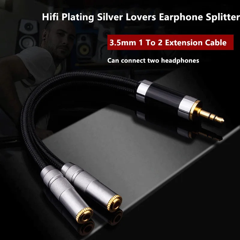 3.5mm Headphone Splitter 1 To 2 Audio Converters Oxygen Free Copper Silver Plating 3.5 Jack Earphone Cable Male Female Adapter