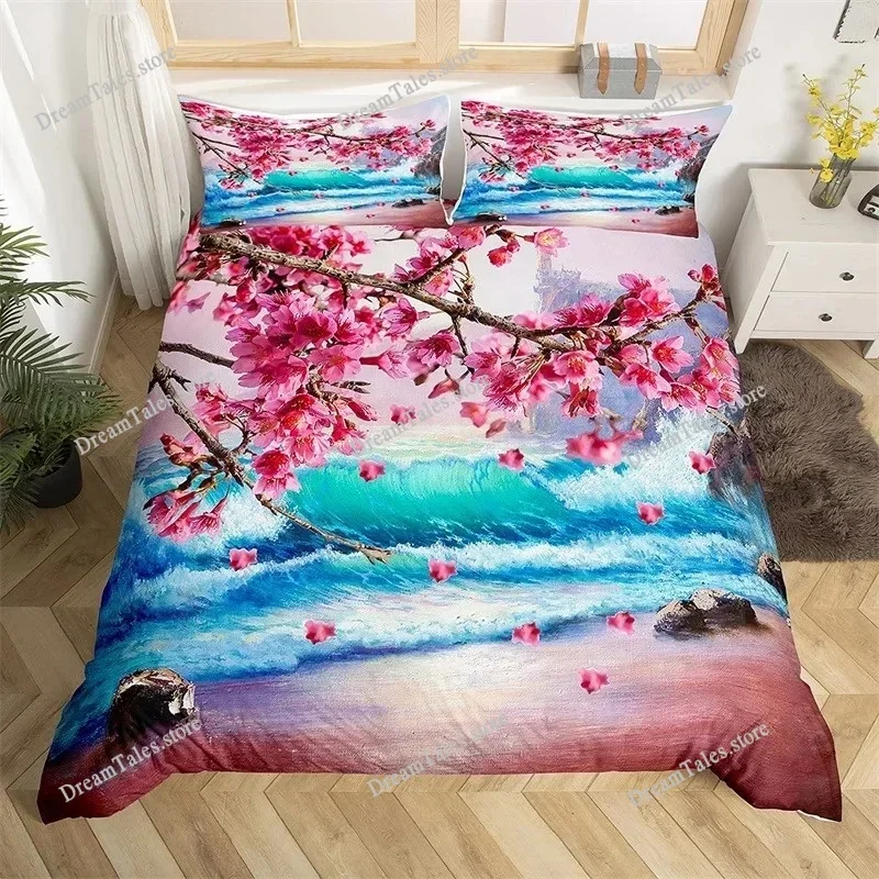 Ink Painting Duvet Cover Japanese Style Mount Fuji Comforter Cover Red Cherry Blossoms Print Bedding Set for Adults Teens Girls