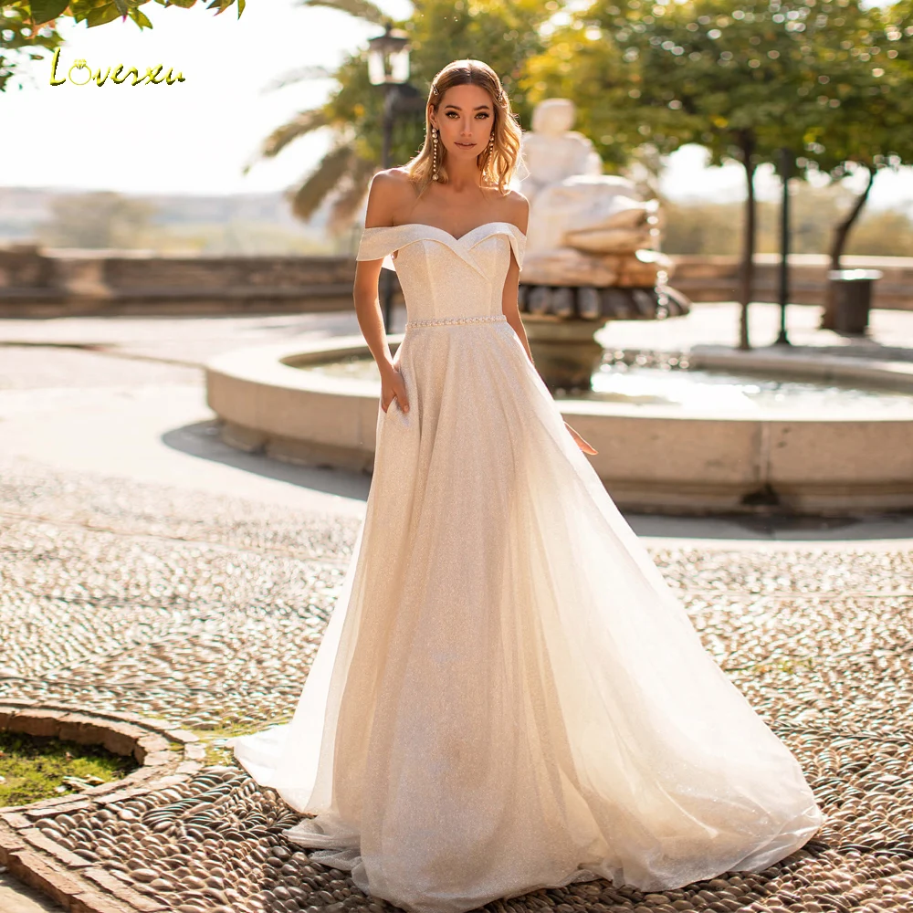 Loverxu A-Line Boho Shiny Wedding Dresses Strapless Off The Shoulder Robe De Mariee Court Train Beaded Custom Made Bridal Gown