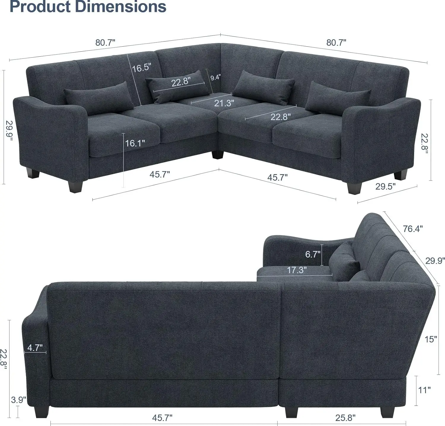 Fabric L Shaped Sofa Small Sectional Couch with Chaise Solid Corner Sofa Small L Couches 4 Seater Sofa