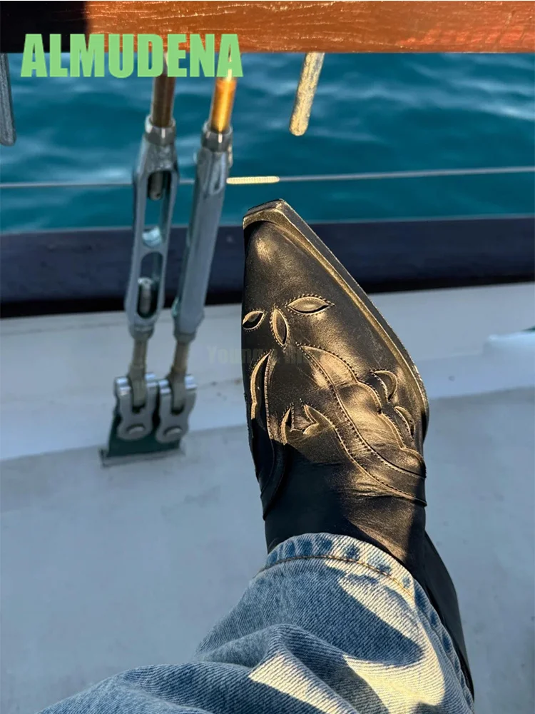 

Embroidered Pattern Chelsea Boots Stylish Pointed Western Style Mid Heel Vintage Sleeveless Trendy Men's Casual Short Boots