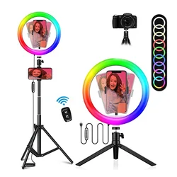 10-calowy lampa pierścieniowa do Selfie, uchwyt na stojak trójnóg i telefon o długości 1.7M 19CM, kamera LED lampka z trybami kolory RGB z możliwością ściemniania makijażu/vloga