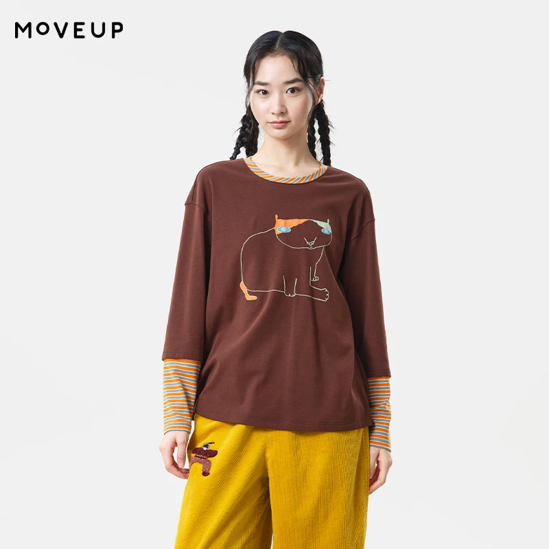 MOVEUP Cotton Fake Two‑Piece T‑Shirt 2026 Autumn Dropped Sleeve Cat Print Tee Striped Crew Neck Long Sleeve Casual Top 3ELQ10559