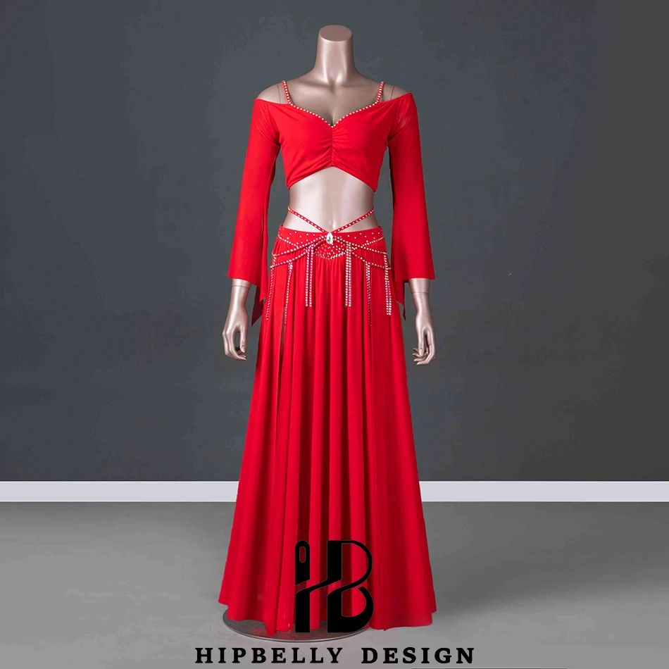 Professionelles Performance-Kostüm für Bauchtanz, 2-teiliges Set, Oberteil + Rock für Damen, Übungskleidung, Tanzkleidung, Performance-Outfits