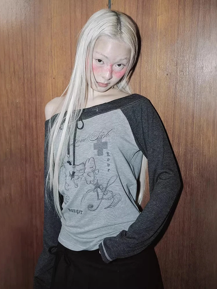 Y2k Aesthetic Contrast Color Women T-shirt Slash Neck Drawstring Streetwear Grunge Tshirts Harajuku Cartoon Print Loose Tees
