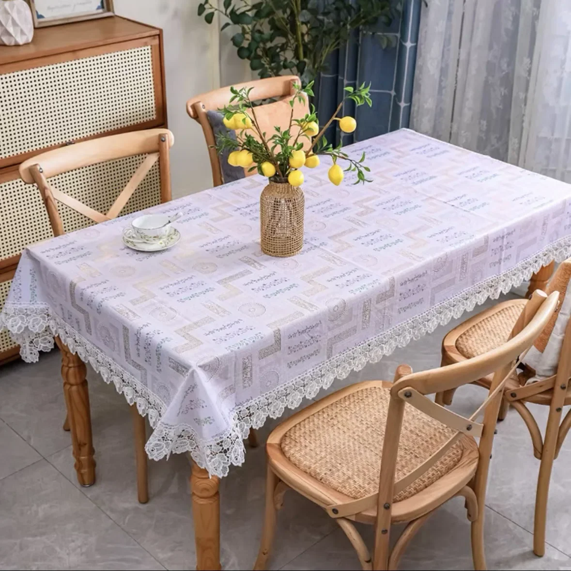 Nordic PVC Printing Tablecloth Washable waterproof oil-proof anti-ironing light luxury high-grade lace lace household tablecloth