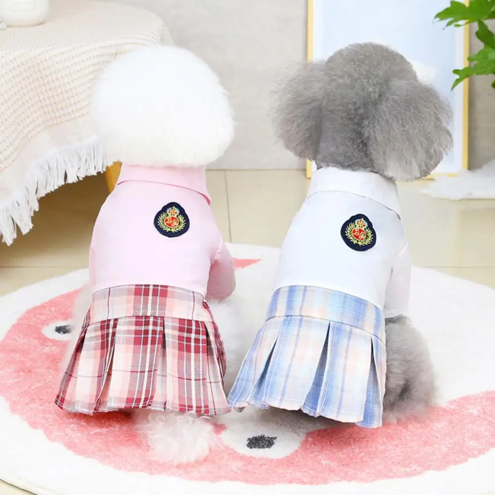 Dog Dress Turndown Collar Two-legged Cat Puppy Dress Lattice Design Beautiful Kitten Dogs Skirt Pet Clothes For Walking Outside