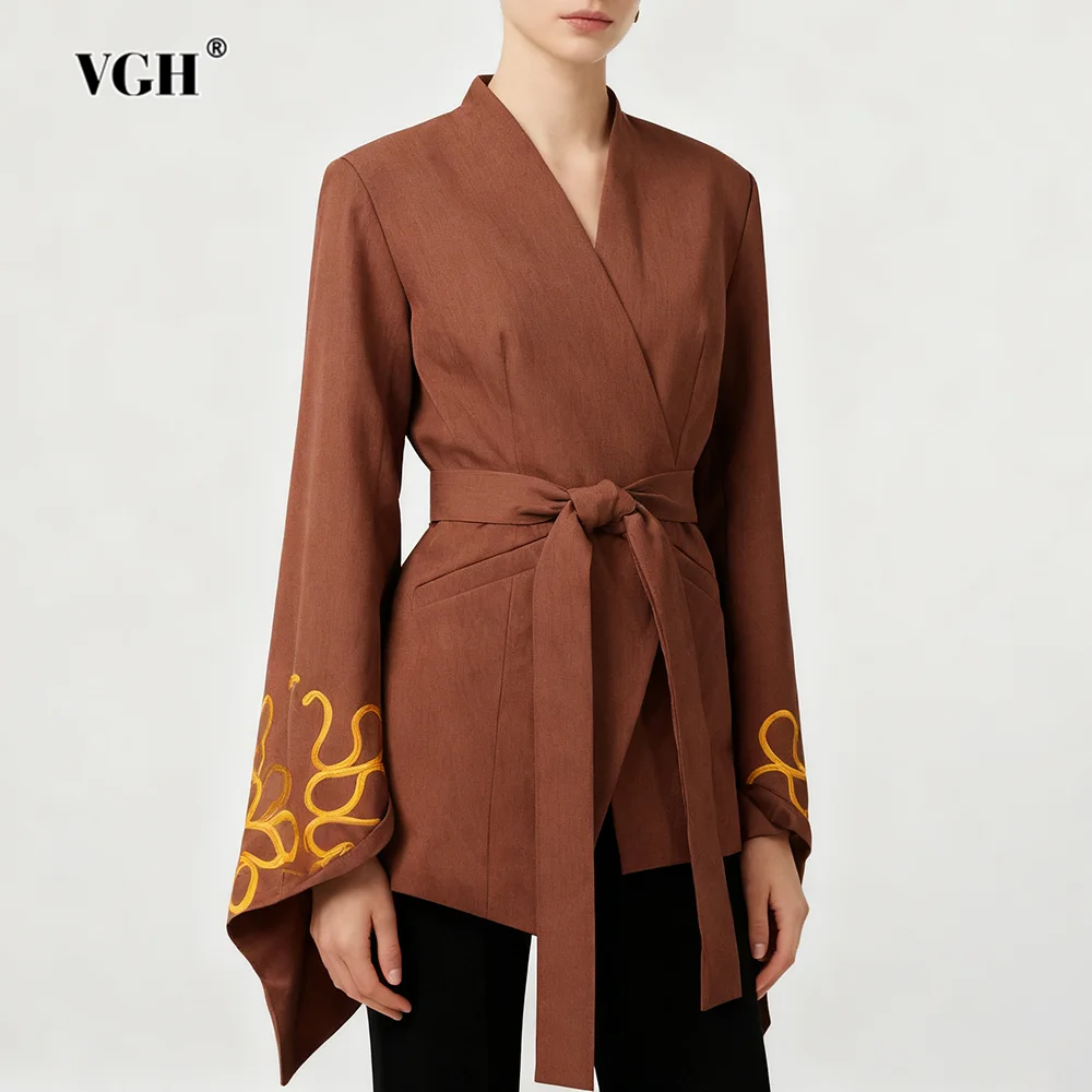 

VGH Утягивающие темпераментные однотонные куртки на шнуровке для женщин с v-образным вырезом и длинным рукавом, осеннее элегантное шикарное пальто со сращенными карманами, женское новое