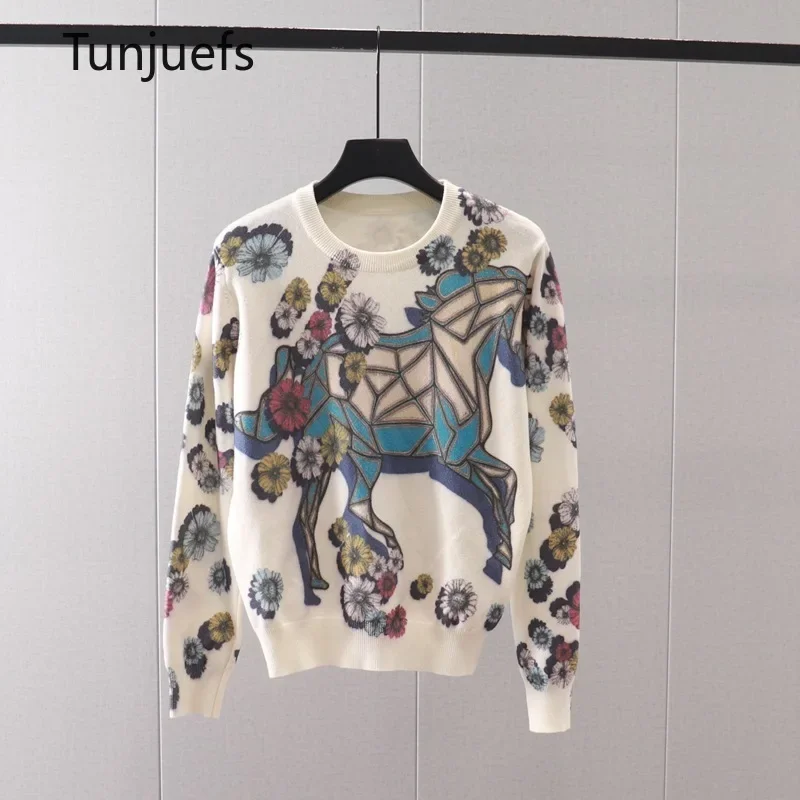 

Autumn Winter Korea Fashion Horse Flower Print Sweater Women Luxury Brand Pullover Long Sleeve Jumper Knitted Tops Sueter Mujer