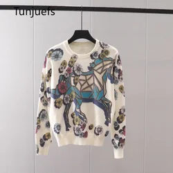 Autumn Winter Korea Fashion Horse Flower Print Sweater Women Luxury Brand Pullover Long Sleeve Jumper Knitted Tops Sueter Mujer