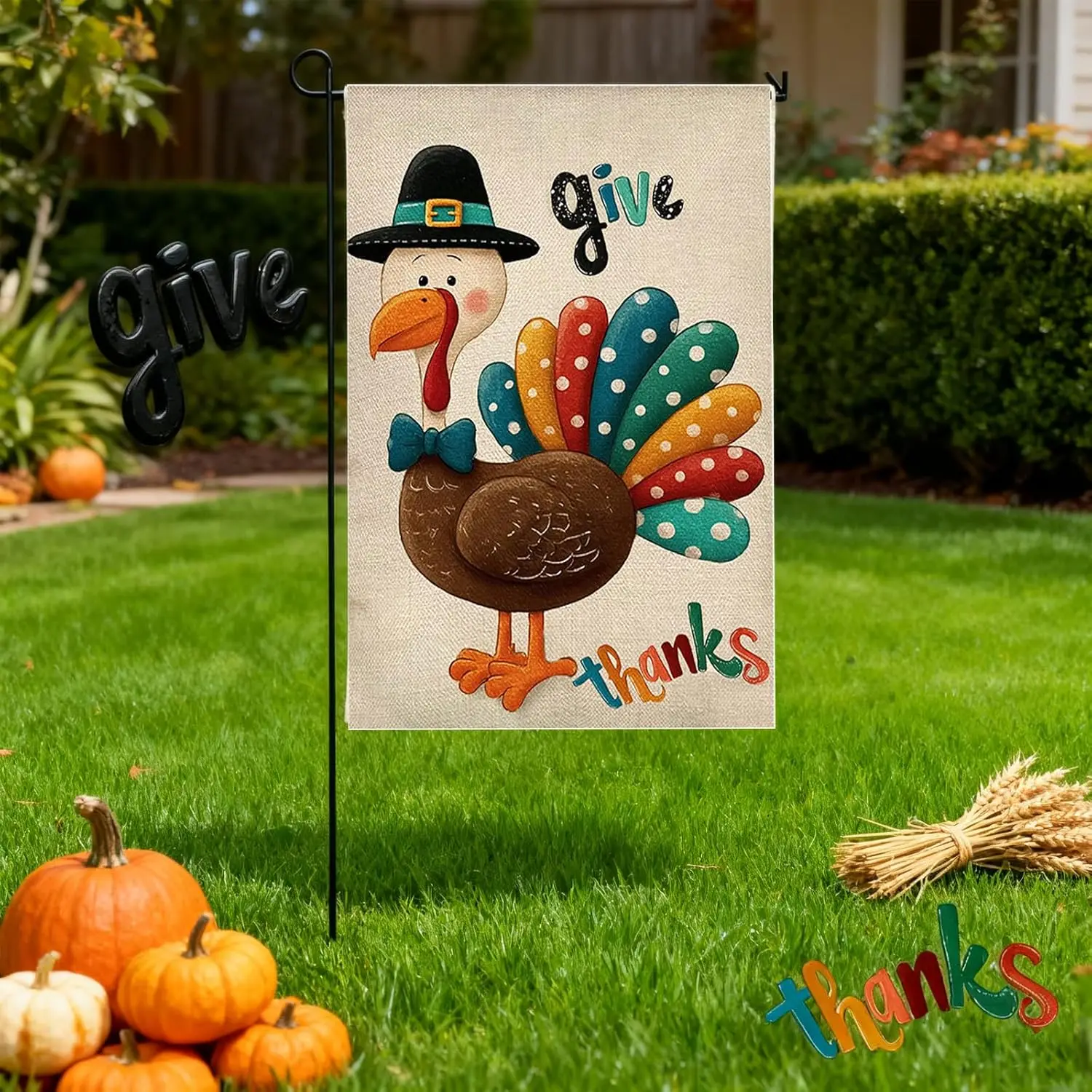 Thanksgiving Happy Turkey Garden Flag 12x18 Inch Double Sided Burlap, Harvest Blessing Give Thanks Small Yard Flag,Weather R llz