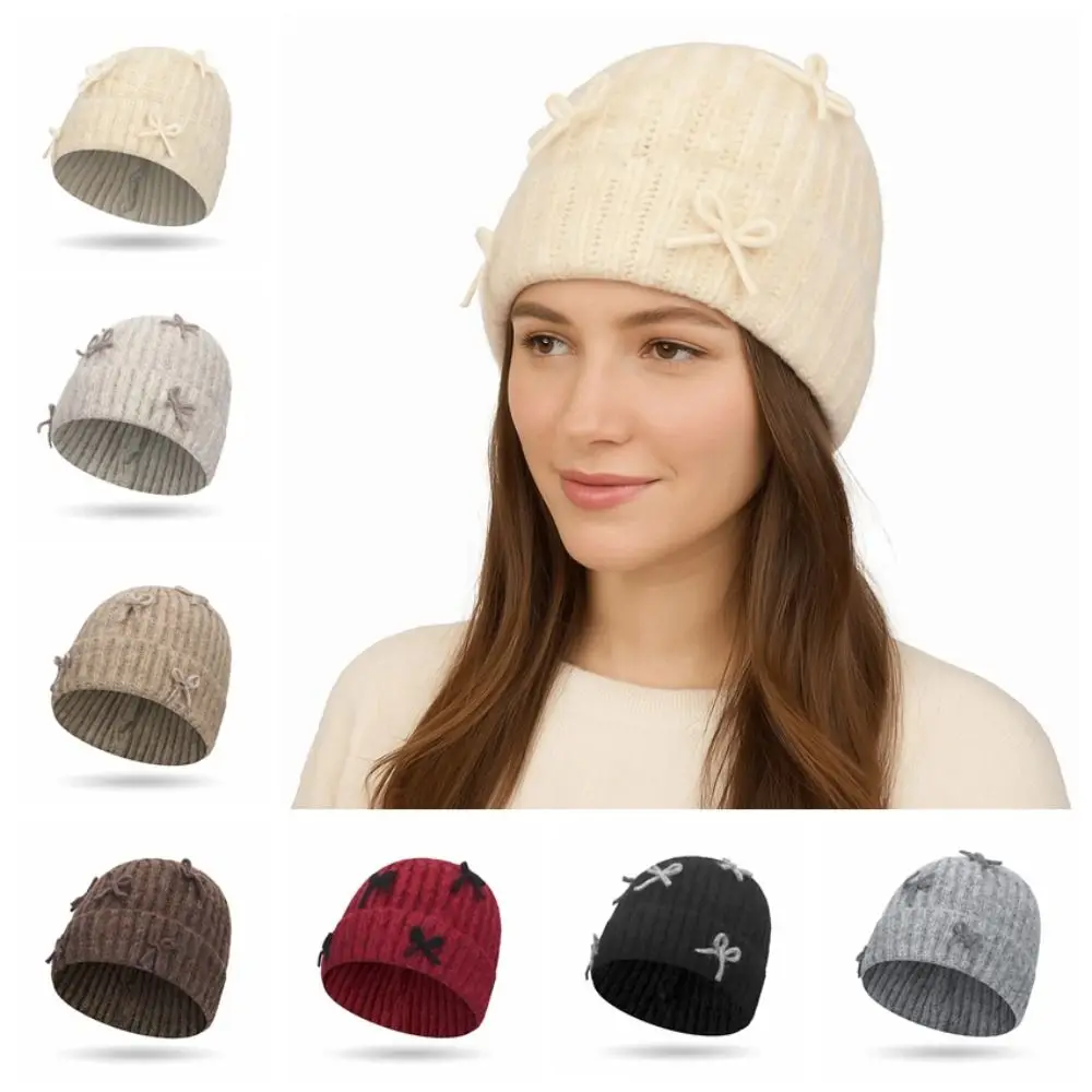 

Толстая вязаная шапка-бини в стиле ретро с бантом, шерстяной пуловер в корейском стиле, однотонная теплая корейская милая шапка с бантом, осень