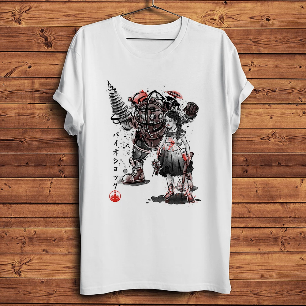 Camiseta divertida Ink BioShock Big Daddy y Little Sister, camiseta de manga corta informal blanca de verano para hombre, camiseta Unisex, estampado transpirable