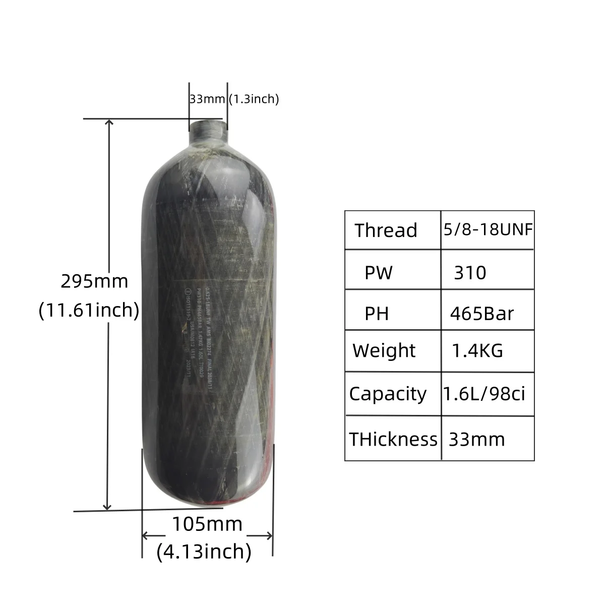 98ci/1.6L High Pressure Carbon Fiber Air Tank scuba tank hpa Air Cylinder Tank with 5/8-18UNF thread 4500Psi Valve