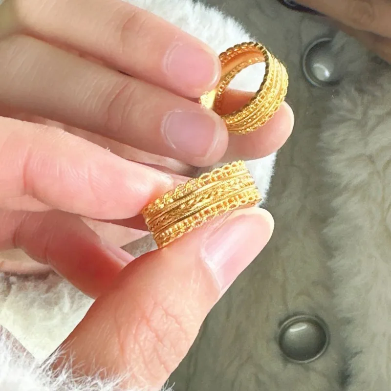 [غنية] خاتم حافة من الدانتيل بنمط ذهبي على الطراز الصيني الجديد للنساء على الطراز الوطني خاتم مفتوح فاخر وخفيف الوزن
