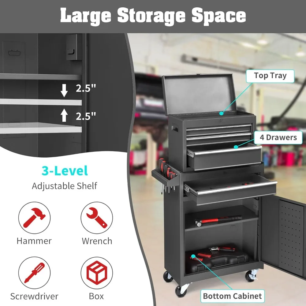 

4-Drawer Rolling Tool Chest with Wheels & Lock – Tool Box with Large Storage Cabinet, Adjustable Shelf & Removable Design