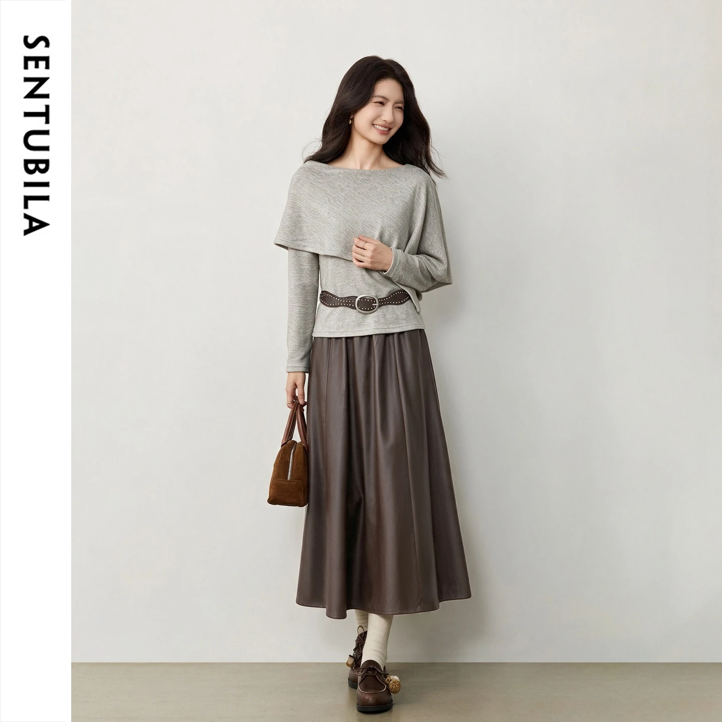 SENTUBILA Women's Matching Sets Mock Two Piece Top A-Line Skirt Elastic Waist 2026 Fall Daily Commuter Two-piece Set W63ZA9153