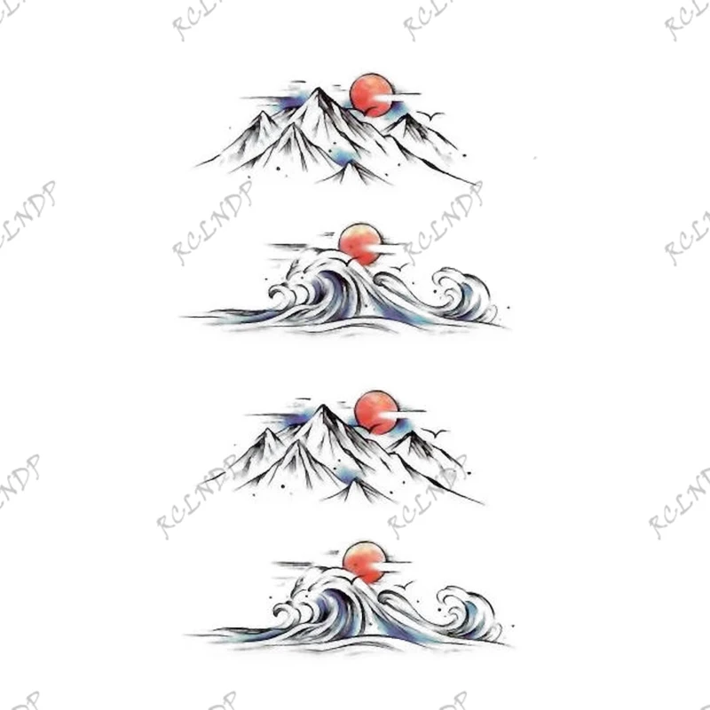 Waterproof Temporary Tattoo Sticker Wave Mountain Sun Arm Hand Leg Body Art Flash Tatoo Fake Tatto for Women Men