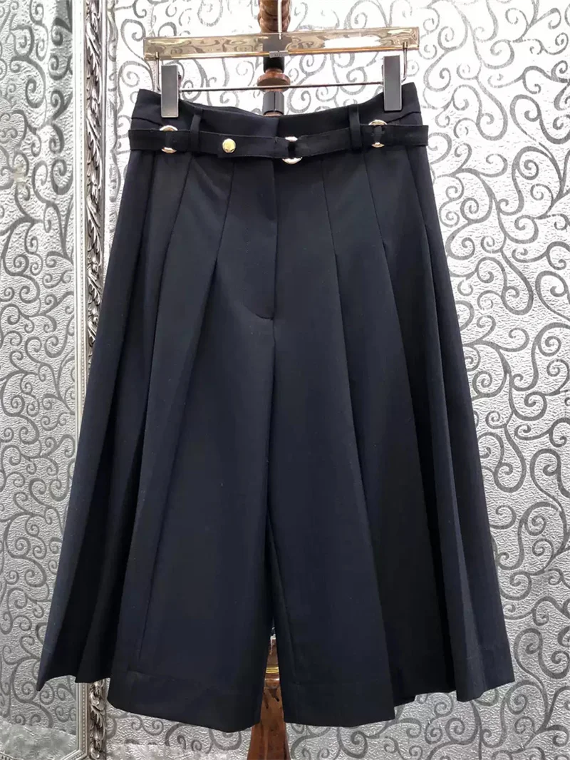 Metal Buckle Women High Waisted Pleated Mid-Length Pants Waistband Fashionable Black Versatile Ladies Wide Leg Trousers