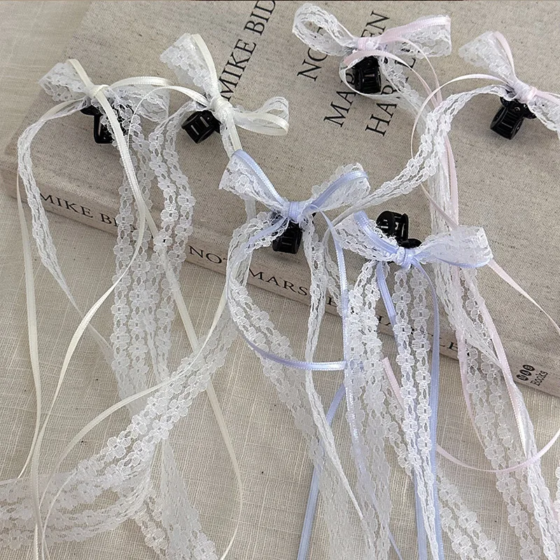 

2/4 шт. Корейские модные заколки для волос с кружевным бантом, женские и девичьи заколки-бантики с длинной белой лентой, женские аксессуары для волос, подарки