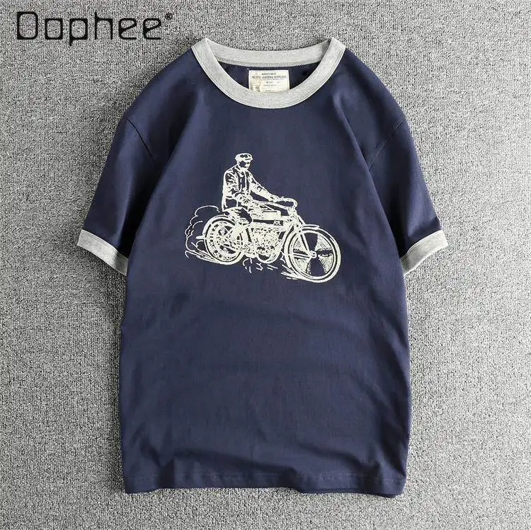 Summer New Men's Blue Red Khaki and White Motorcycle Graphic Print Loose Fit Casual Round Neck Short Sleeve T-shirt