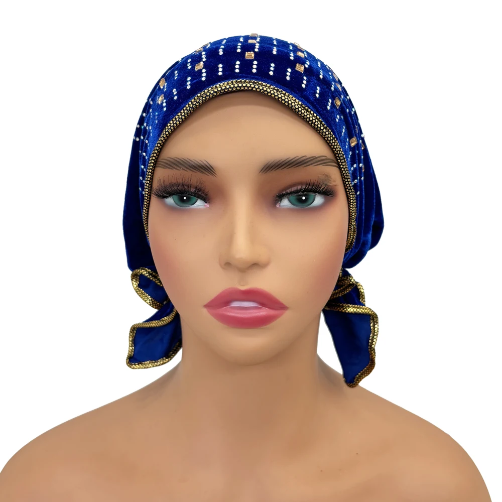 Diamonds Velvet Turban Caps for Women Big Flower Muslim Headscarf Bonnet Female African Head Wraps Winter Head Cover Hat