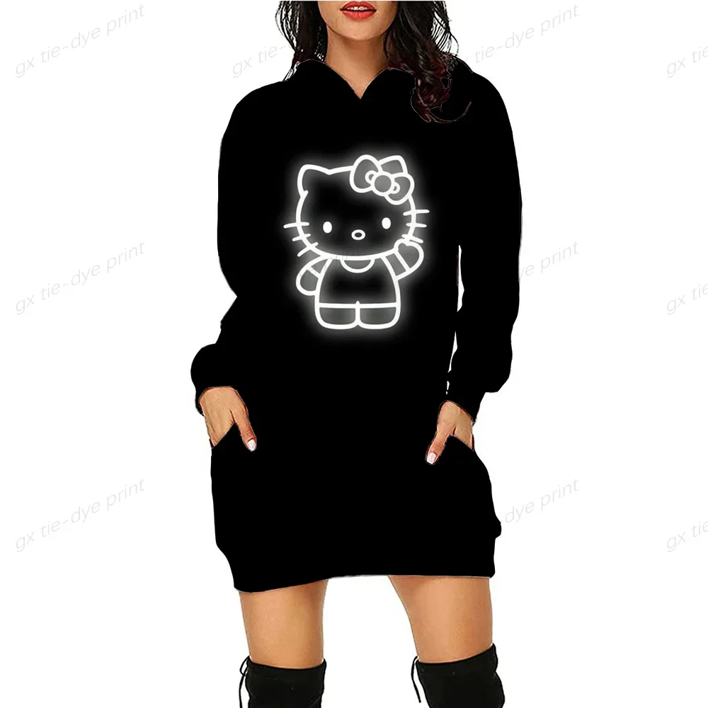 Women Long Hoodie Dress Casual Loose Hello Kitty Print Outerwear Hoodies Ladies Long Sleeve Pocket Hooded Sweatshirt