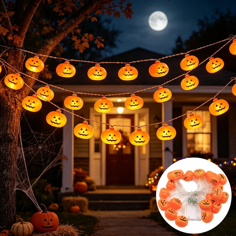 Hanging 3D LED Pumpkin Bat Skeleton String Lights for Halloween Festive Party Atmosphere Decoration Outdoor Indoor Glow Spooky