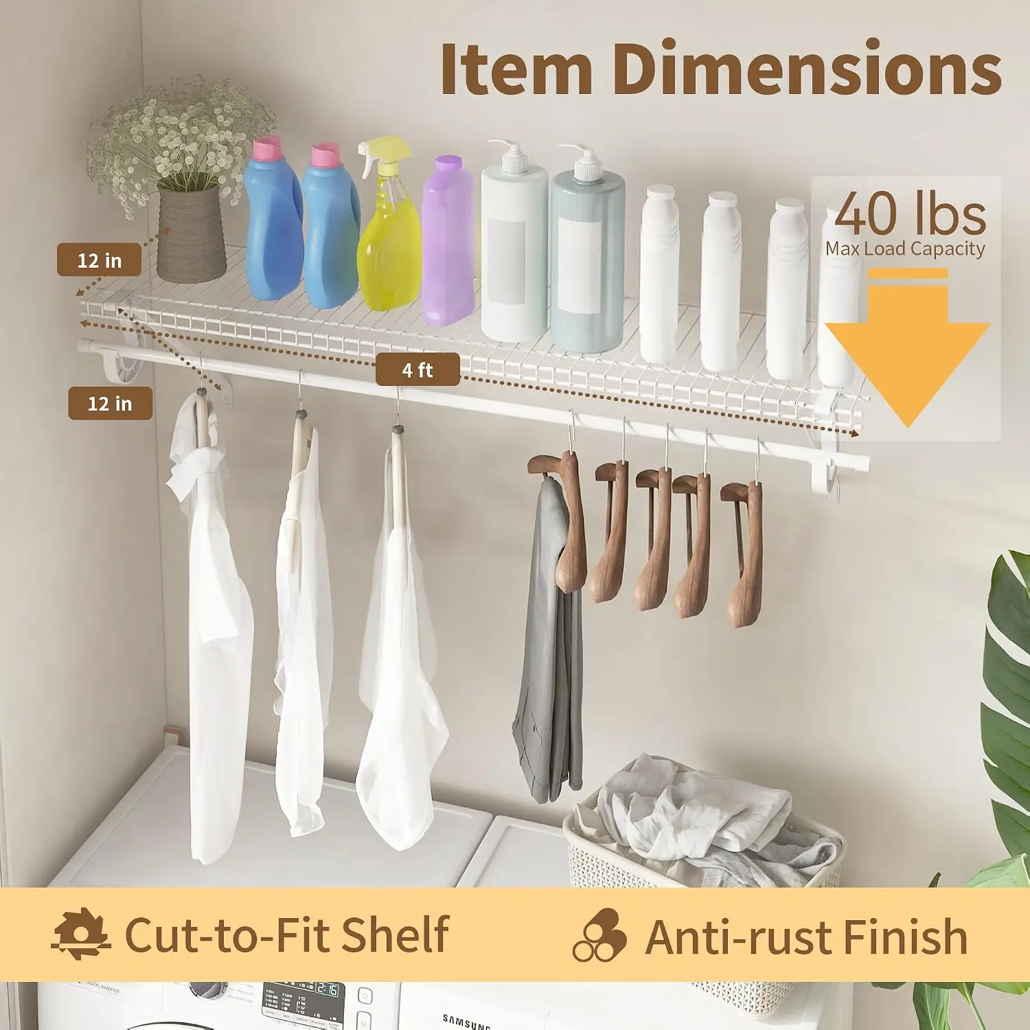Wall-Mounted Closet Shelf Organizer with Hanging Rod, 4-Pack White Wire Shelving Kit, 4 ft x 12 in, Metal Wall Storage Shelf for Home, Pantry, Laundry Room