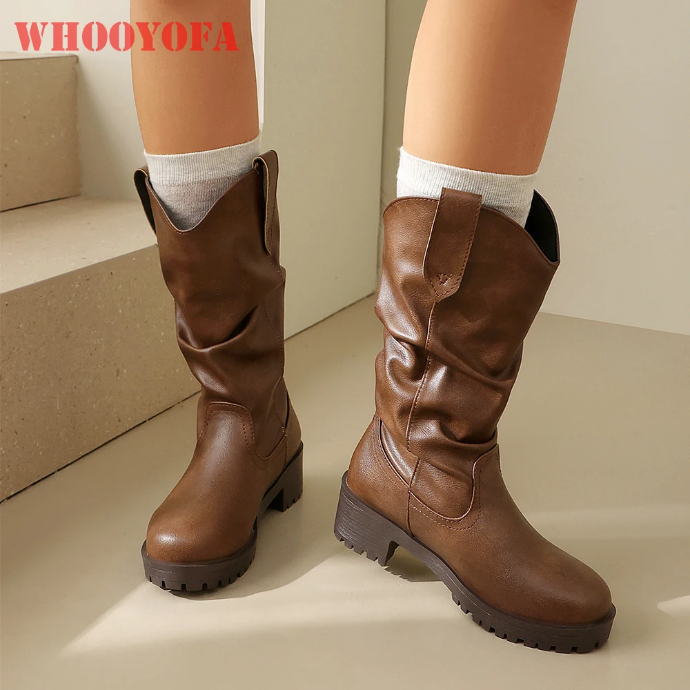 2026 Winter Fashion Women Mid Calf Riding Boots Wide Fit Med Block Heel Lady Daily Shoes Large Plus Size 10 42 45 Non-slip